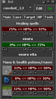 The Bot window with healing settings