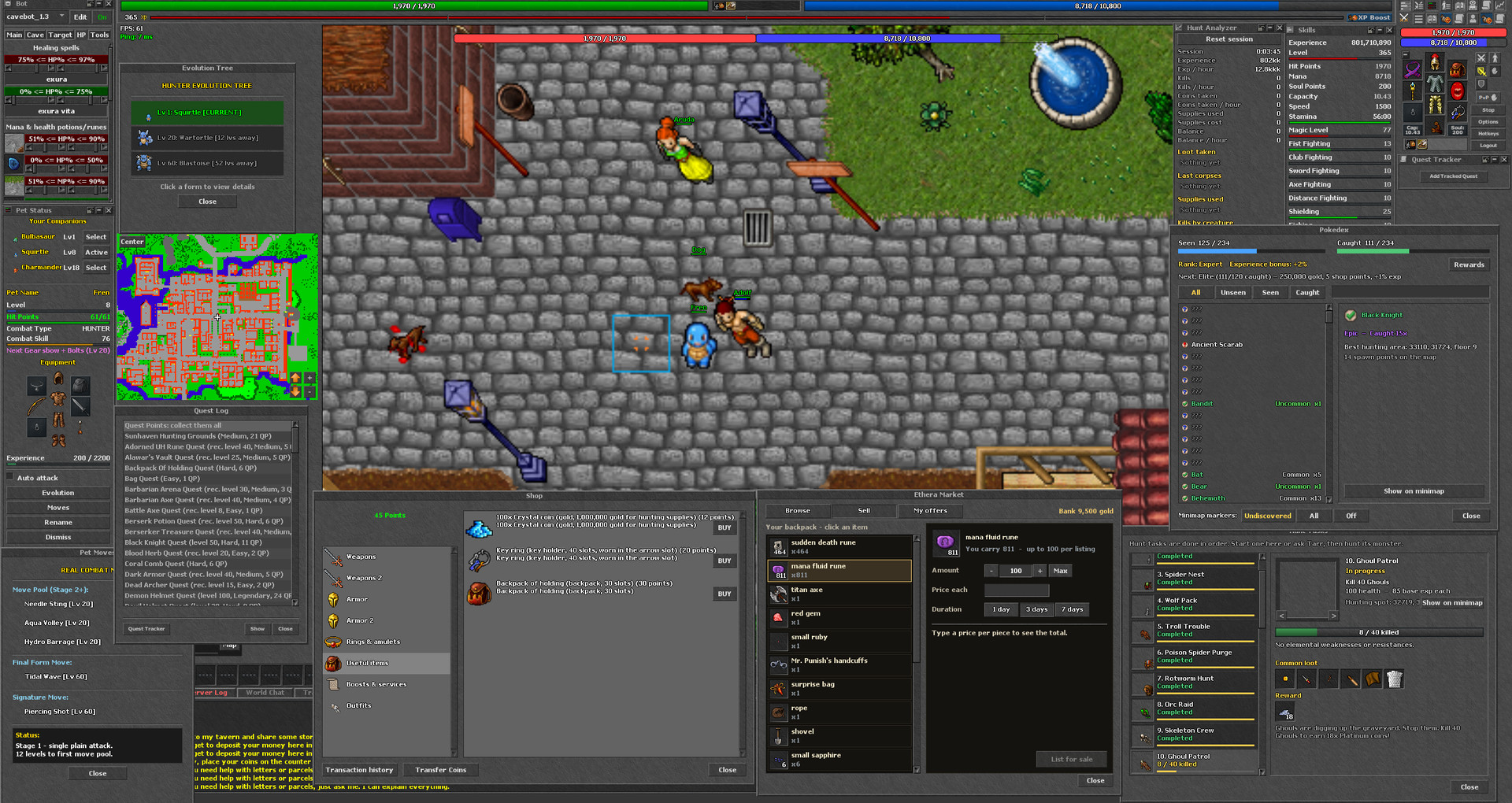 The Ethera client with the companion, Pokédex, hunt analyzer, quest log, tasks, shop and market windows open