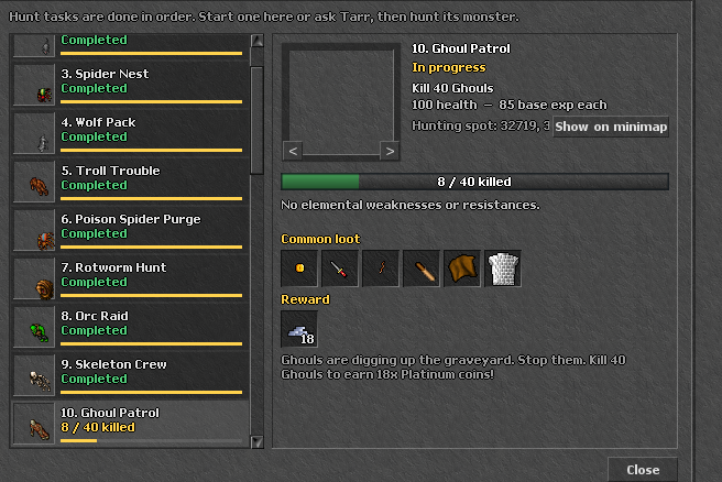 The Hunt Tasks window
